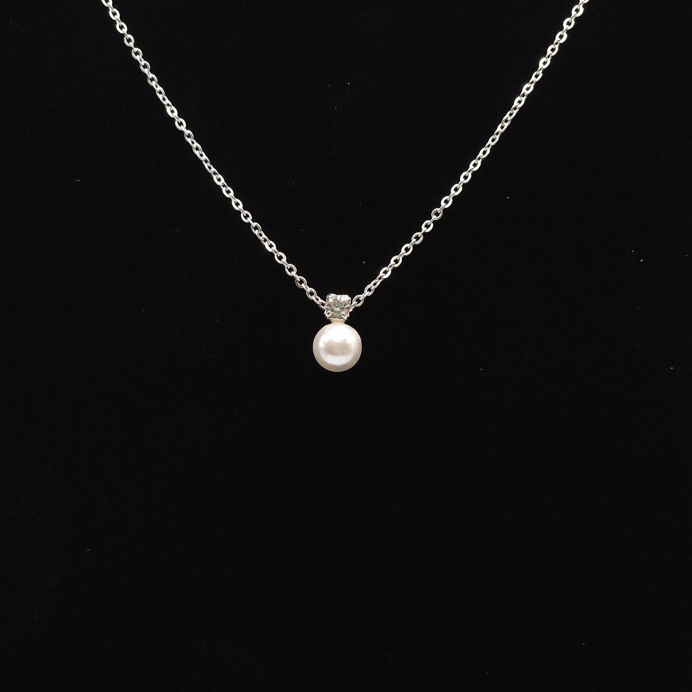 Silver‎ Tone Floating Faux Pearl Pendant Necklace Rhinestone Accent